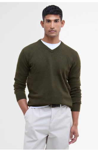 Pull col V essentiel en laine kaki